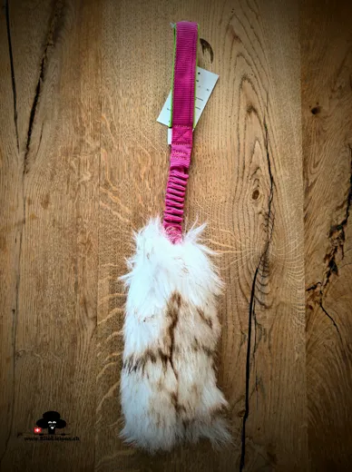 Sheepskin mouflon fur tug toy with bungee handle