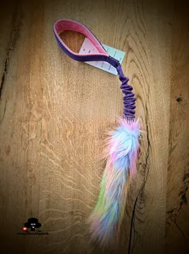 Faux fur rainbow tug toy with bungee handle purple