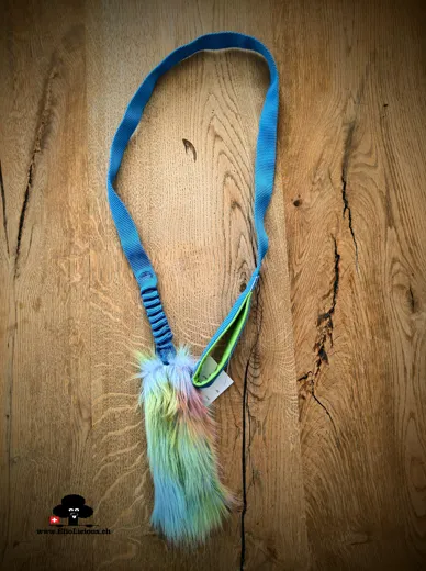 Faux fur rainbow tug toy with bungee handle on long webbing blue