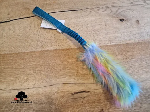Faux fur rainbow tug toy with bungee handle teal_mint