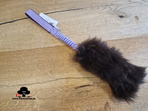Sheepskin brown fur tug toy with bungee handle AMO