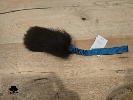 Sheepskin brown fur tug toy with bungee handle teal/mint S