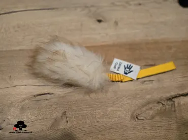 Sheepskin Mouflon fur (mix brown and white) tug toy with bungee handle yellow S