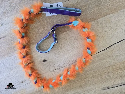 Braided agility leash with faux fur purple, mint, mint, orange