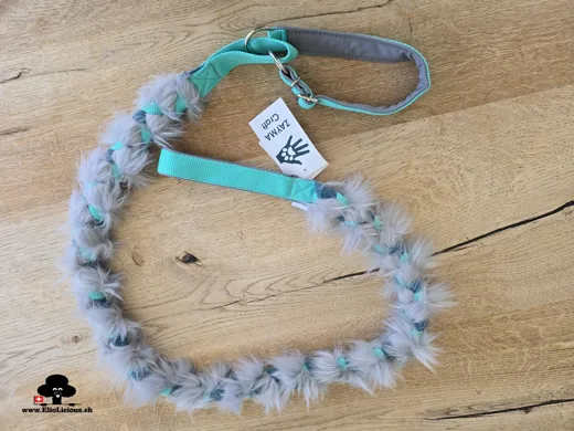 Braided agility leash with faux fur, mint, light gray, dark teal, gray