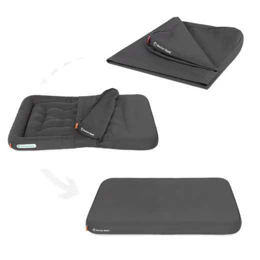 Doctor Bark cambia il rivestimento del cuscino da salotto in tessuto grigio