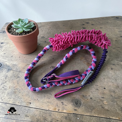 Guinzaglio agility intrecciato con mop pink e bungee viola, fucsia